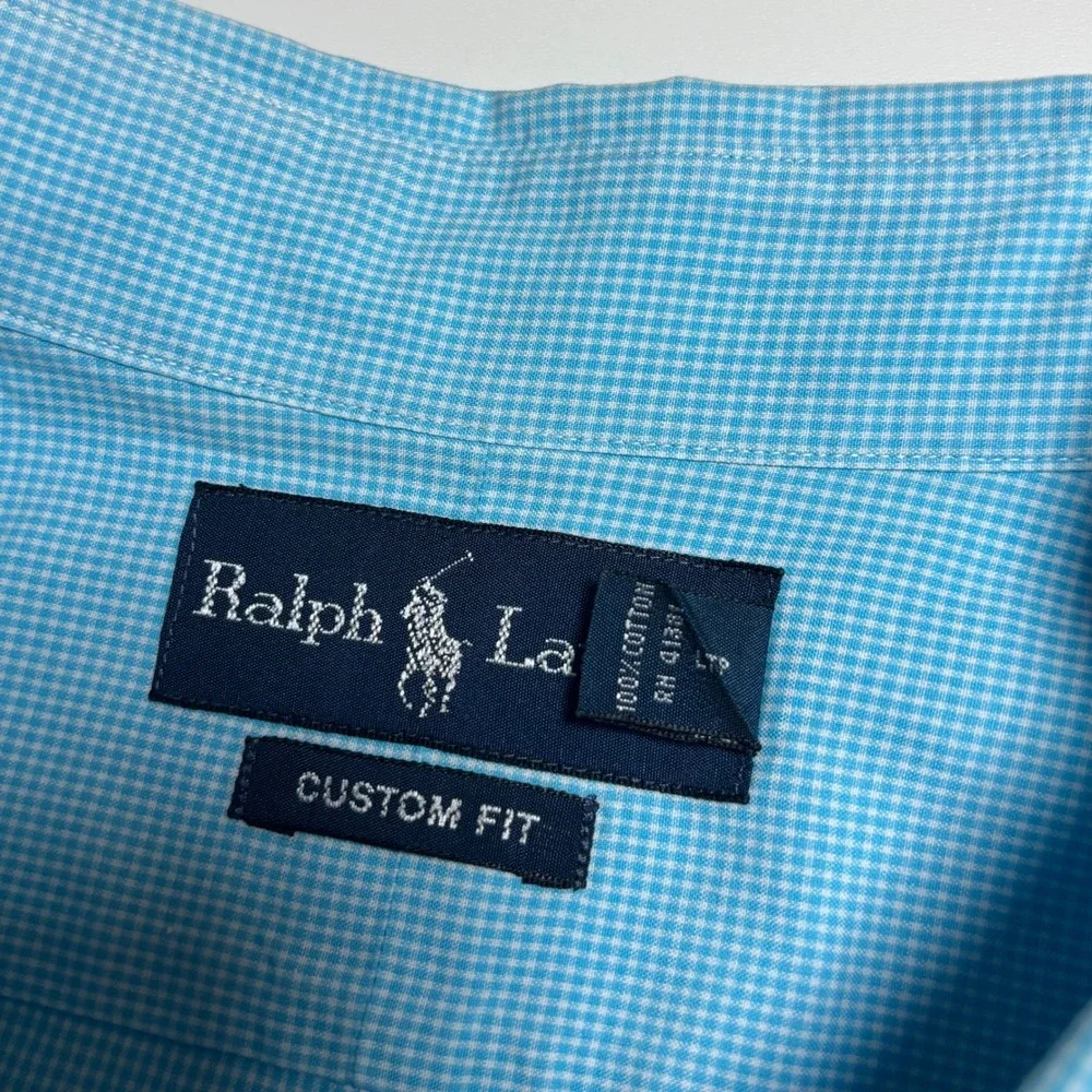 Ralph Lauren Custom Fit Gingham Mens XLT Blue Short Sleeve Button Down Shirt